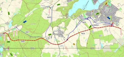 Bild vergrößern: Verlegung der B 208 - Rot markiert ist die ausgewählte Vorzugsvariante der neuen Streckenführung