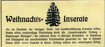 Bild vergrößern: Weihnachtsanzeigen aus der Lauenburgische Landeszeitung, Ausgabe Dezember 1909
