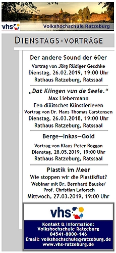 Neue Dienstags-Vorträge der Ratzeburger Volkshochschule im Frühjahrssemester 2019