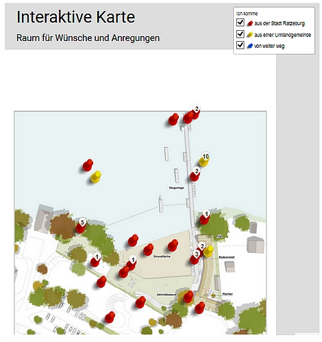 Bild vergrößern: Interaktive Karte lädt zum aktiven
          Mitplanen bei der Neugestaltung der Seebadeanstalt Schloßwiese
          ein