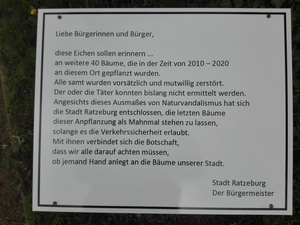 Bild vergr&ouml;&szlig;ern: Hinweistafeln beschreiben den wiederkehrenden Baumfrevel 