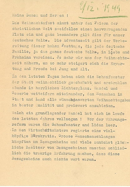 Archivale 07/2021 - Rede zur Eröffnung der Weihnachtsmesse 1949