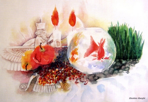 Bild vergrößern: Die 'Haft Sin', hier künstlerisch gezeichnet von Ebrahim Sharghi, steht für einen gedeckten Tisch mit mindestens sieben Zutaten und Objekten, die mit »S« beginnen.