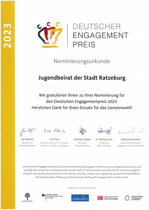 Bild vergrößern: Deutschen Engagementpreis 2023 - Nominierungsurkunde