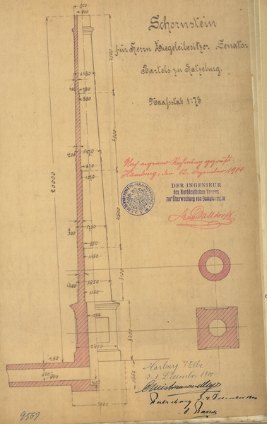 Bild vergrößern: Zeichnung des Schornsteins aus dem Jahr 1900