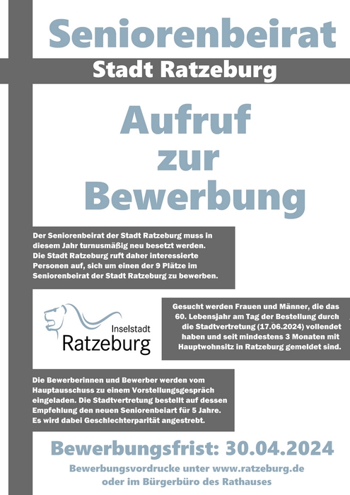 Neubesetzung des Seniorenbeirates der Stadt Ratzeburg Aufruf zur Bewerbung